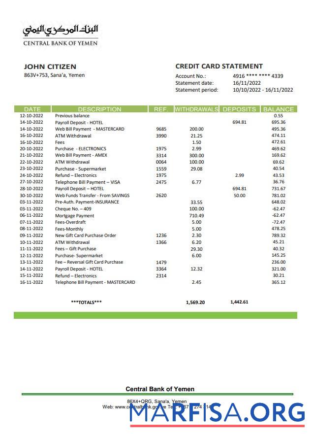 Printable Yemen Central Bank of Yemen bank statement word download for verification